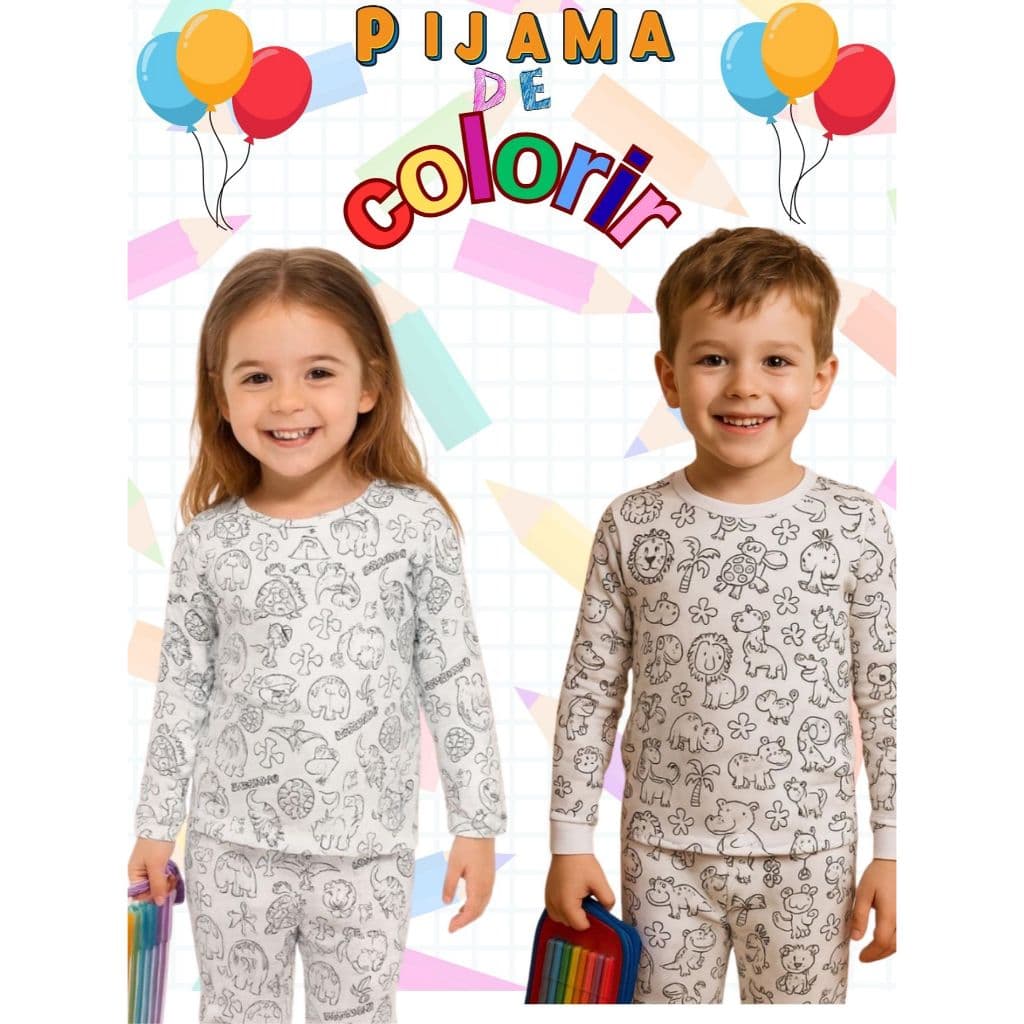 Kit com 2 Pijamas Infantil para colorir acompanha canetinhas
