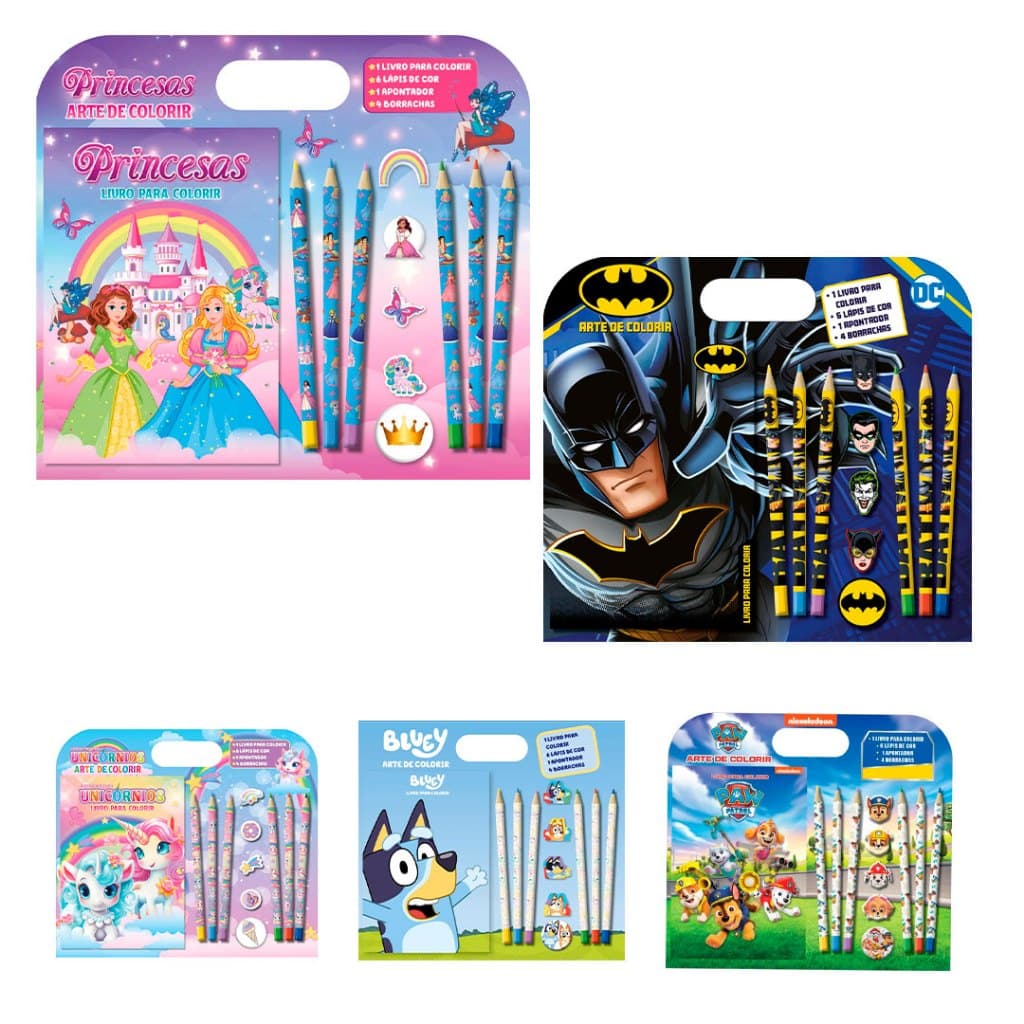 Livro de Colorir Kit Arte de Colorir + 6 Lápis de Cores, Borrachas Especiais e Apontador