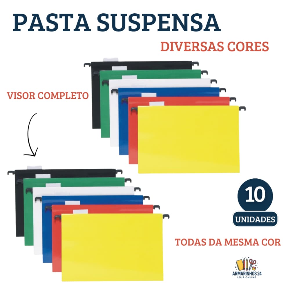 Kit C/ 10 Pastas Suspensas Colorida em Papel Duplex Plastificado P/ Organização Arquivo Documentos Escritório
