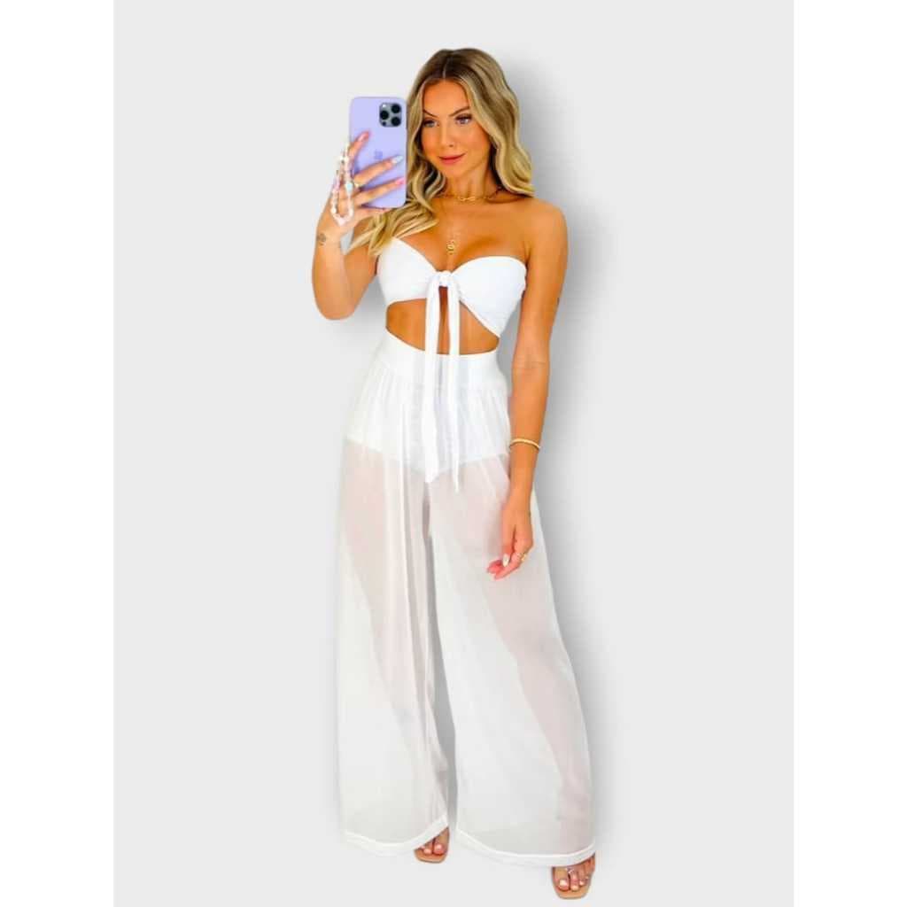 Conjunto Praia/Resort Feminino Calça Pantalona em Tule + Top com Bojo Removível Moda Praia Festa Elegante Saída Estilosa
