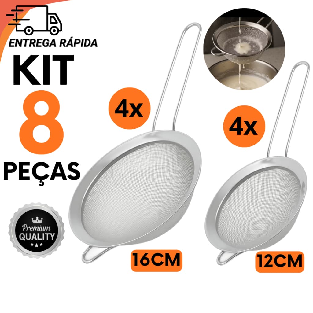 Kit 8 Peneiras Inox Coador Para Peneirar De Uso Profissional e Doméstico