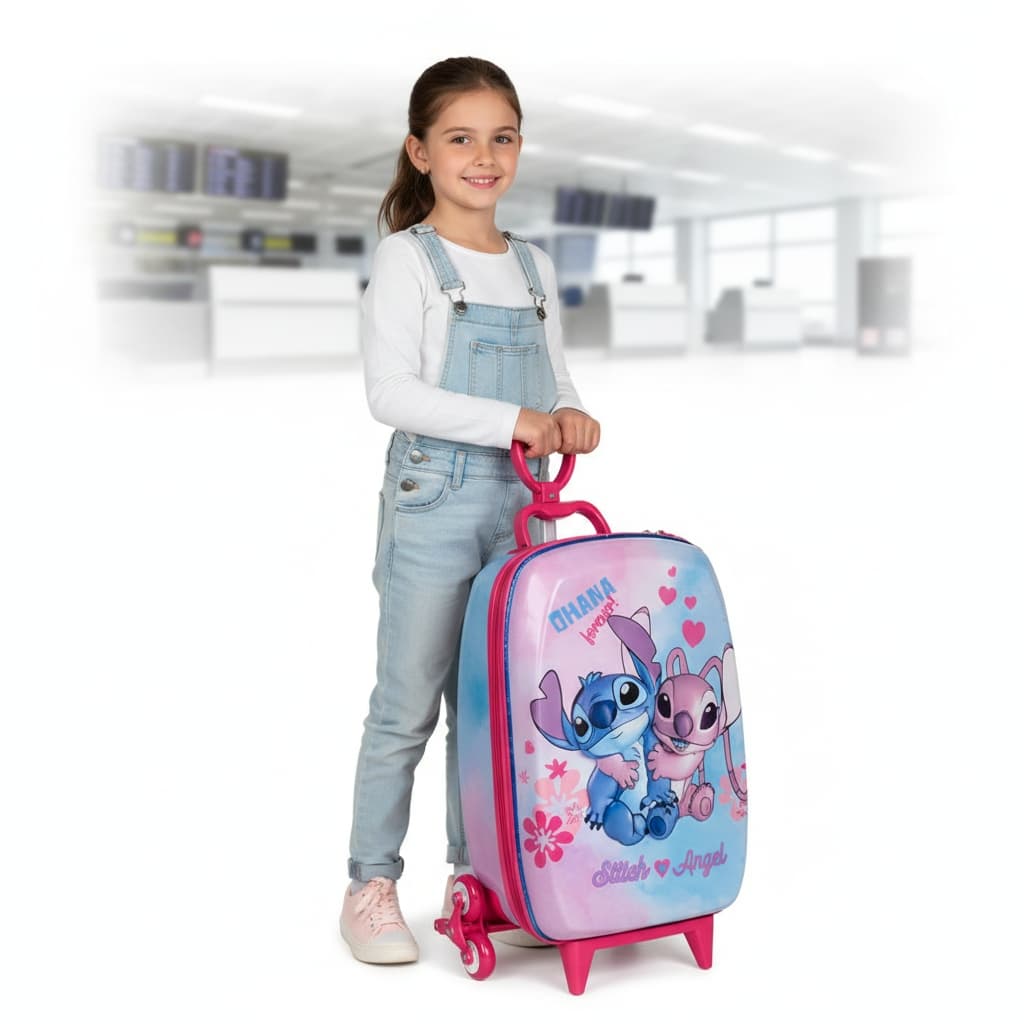 Mala Infantil Disney Stitch Angel Personagens 3D Rodinhas Multicolorida Prática Criança
