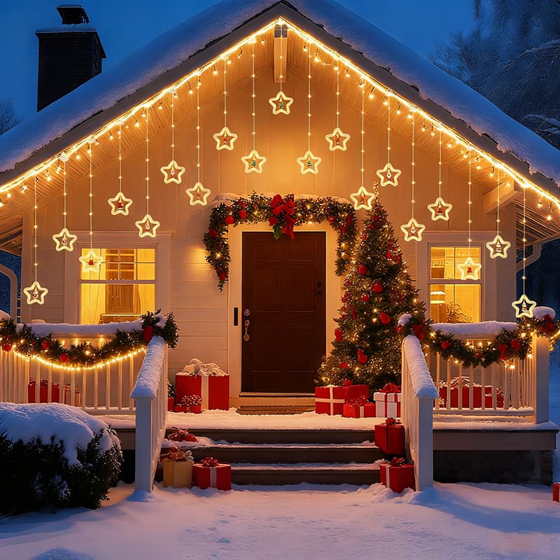 Decoração Cascata Natal Com Pisca Pisca Led Estrela Lua Papai Noel Neve Luz Branco Quente Sacada BIVOLT -O1