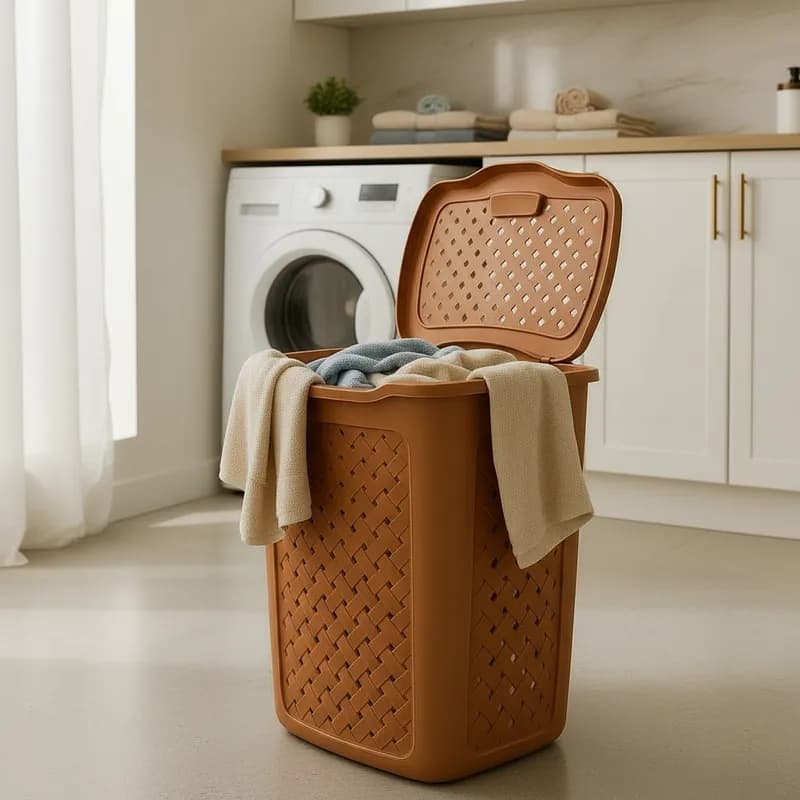 Cesto de Roupa 45Litros Plástico Reforçado Rattan – Lavanderia e Banheiro Alça Resistente Marmorizado