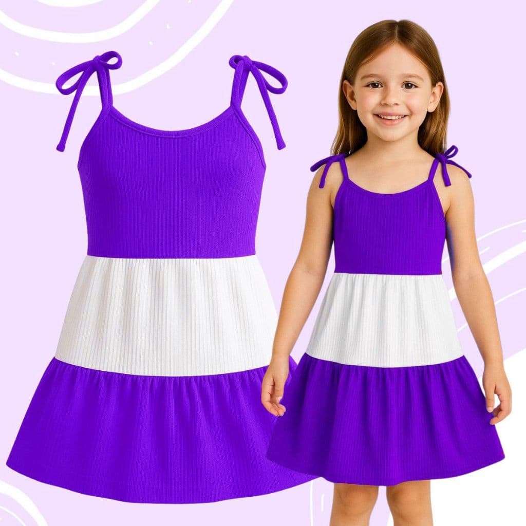 Vestido Infantil três Marias Roxo e Branco Alça de Amarrar – Moda Menina estilosa