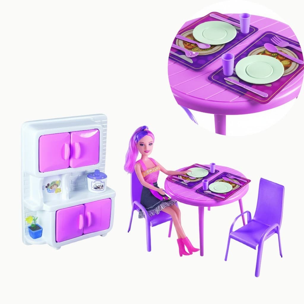 Kit Copa Cozinha com Boneca Mesa e Armário – Rosa