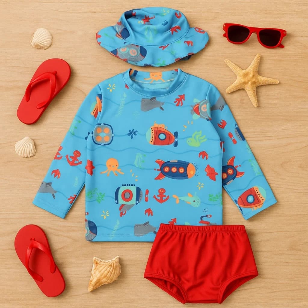 Conjunto Praia Bebê Com Proteção Uv Menino 3 Peças