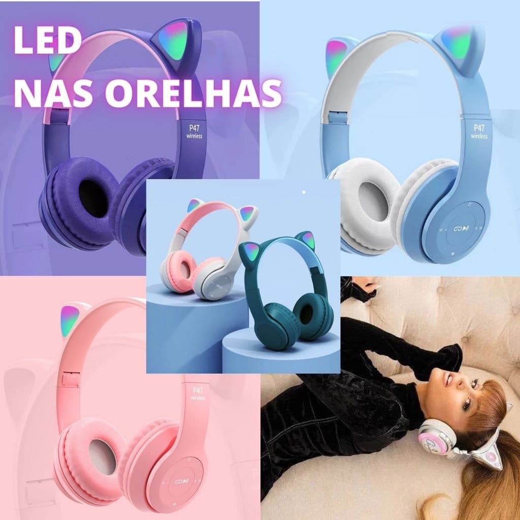 fone de ouvido Bluetooth Orelha De Gato Headset P47M com gato rgb p47m