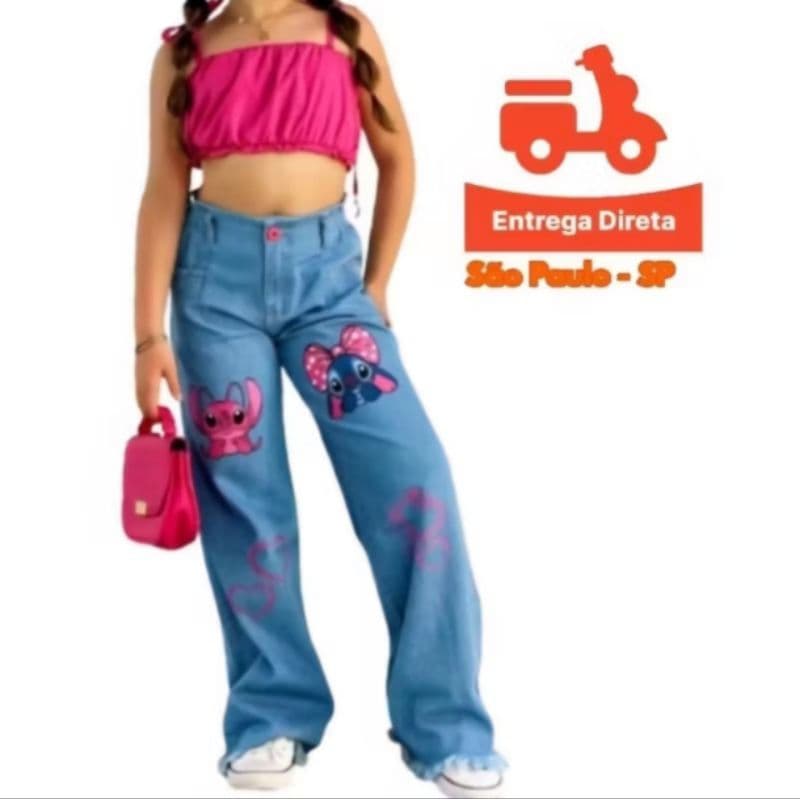 calça jeans wide leg stich juvenil feminina calça jeans pantalona infantil calça do Stich preta calça flare