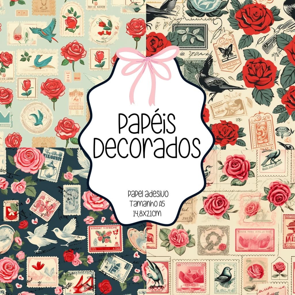 Papéis Decorados Adesivo scrapbook, colagens, planners e journaling - Tamanho A5 All My Papers Vintage Stamps (4 papéis)