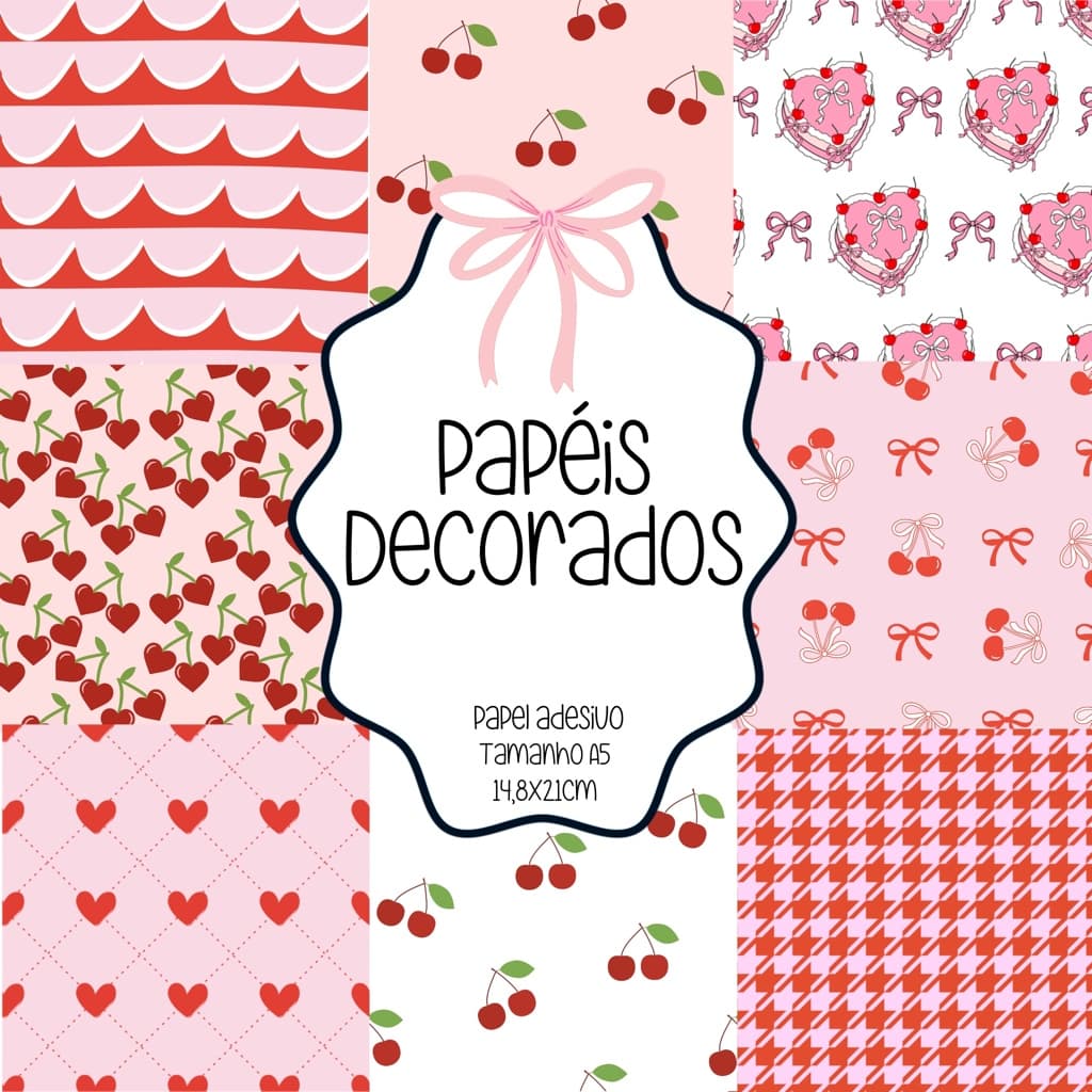 Papéis Decorados Adesivo scrapbook, colagens, planners e journaling - Tamanho A5 - All My Papers Pink + Red (9 papéis)