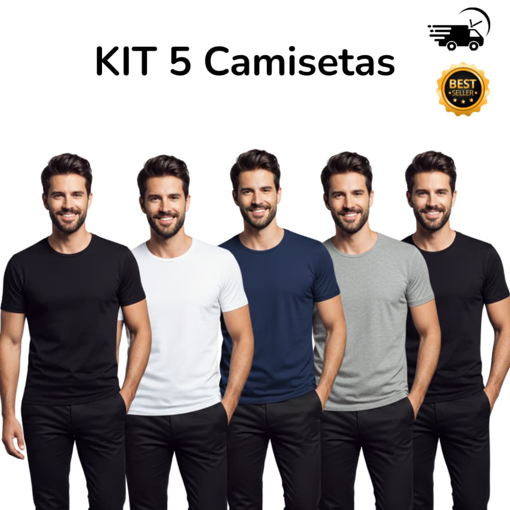 Kit 5 Camiseta Masculina 100% Algodão