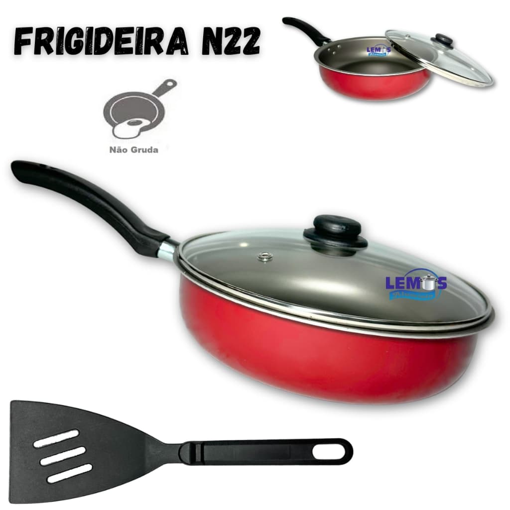 Frigideira Antiaderente N22 Vermelha Com Tampa de Vidro Francesinha Grande Teflon 22cm + Espatula