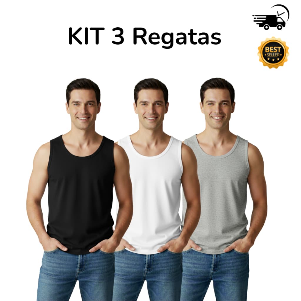 Kit 3 Regata Masculina 100% Algodão
