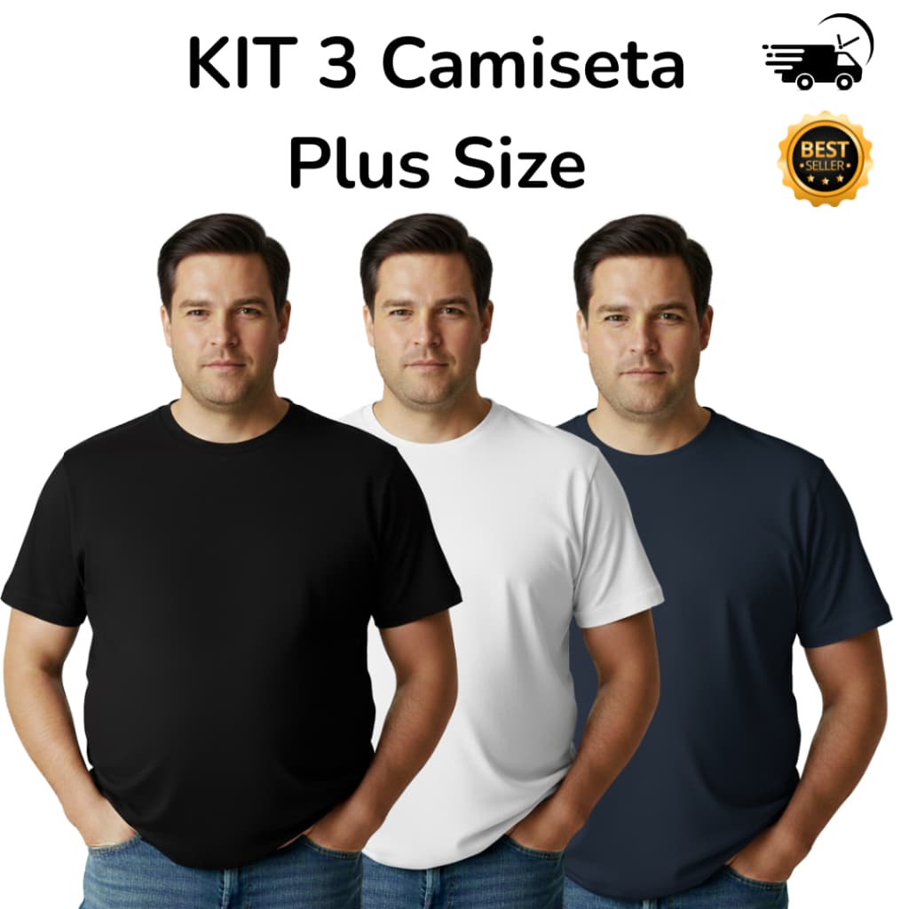 Kit 3 Camiseta Plus Size Masculina 100% Algodão