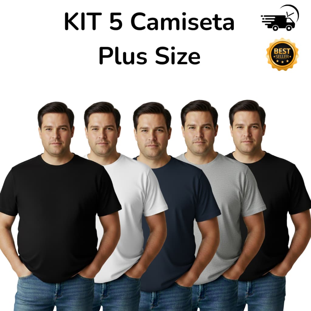 Kit 5 Camiseta Plus Size Masculina 100% Algodão