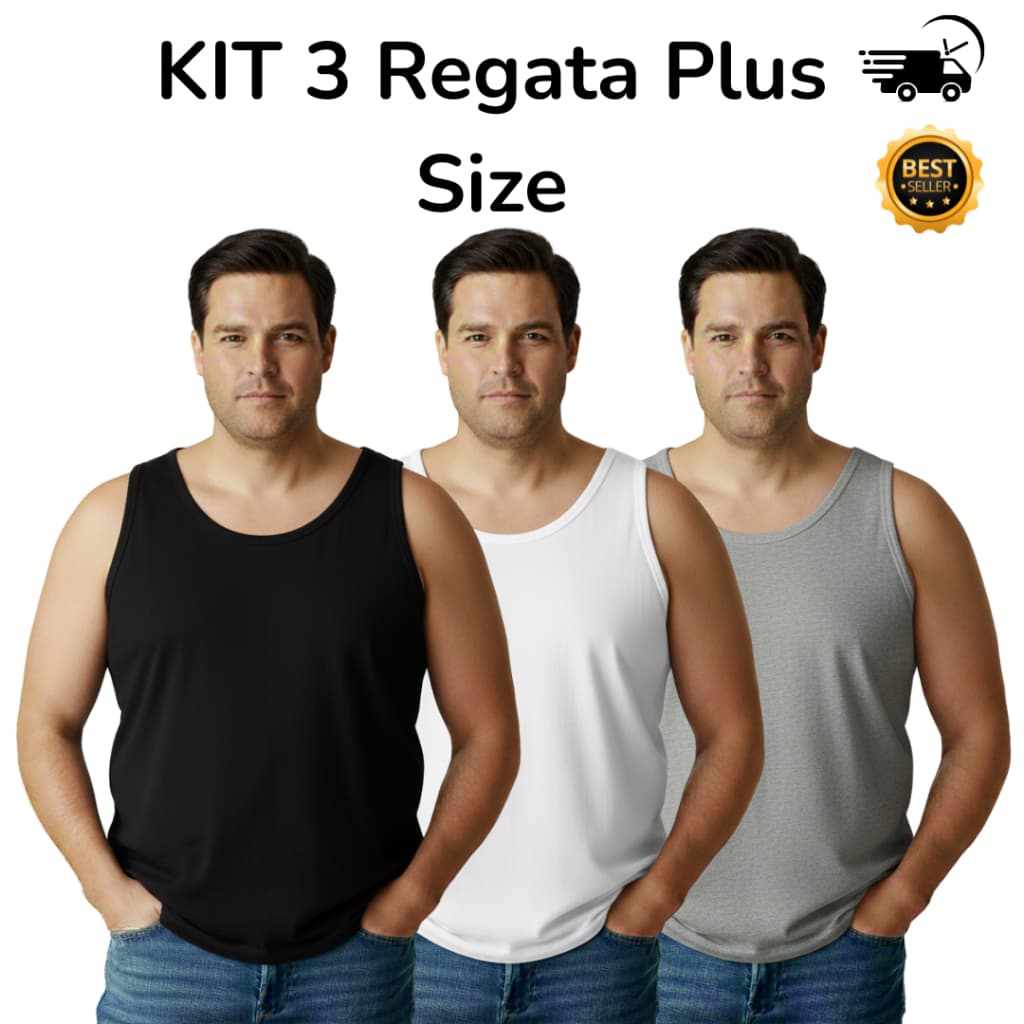 Kit 3 Regata Plus Size Masculina 100% Algodão