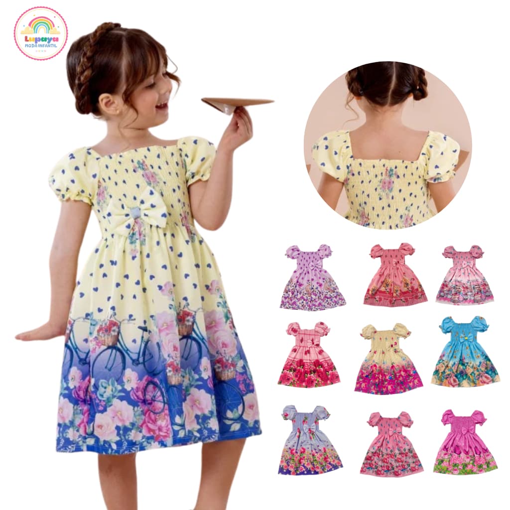 Vestido de festa infantil Menina estampado com flores corações e Bicicleta estilo Jardim encantado