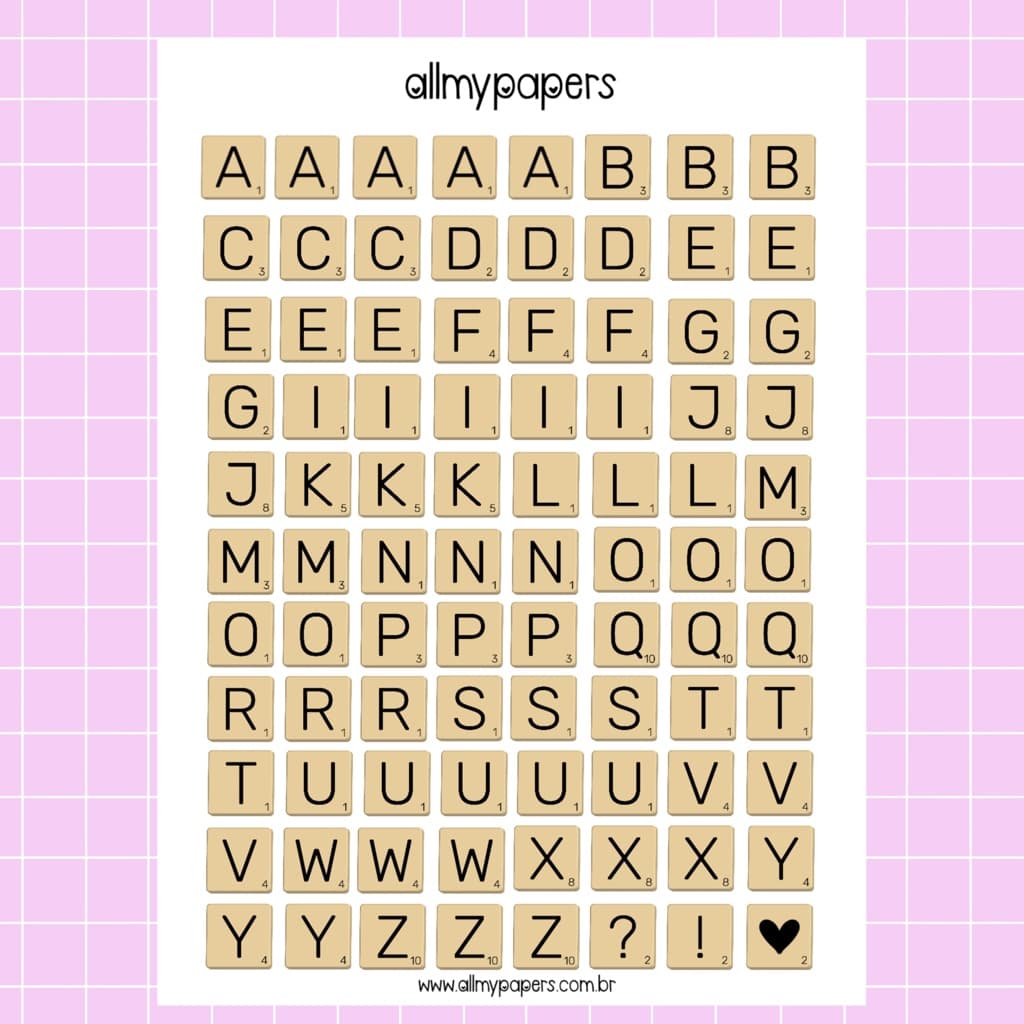 Cartela de Adesivos para Planner Bujo Journal Scrapbook Kindle - All My Papers Alfabeto Scrabbel