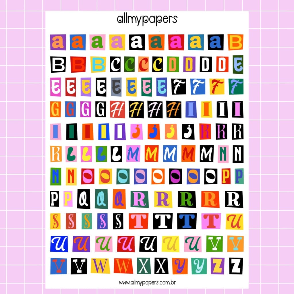Cartela de Adesivos para Planner Bujo Journal Scrapbook Kindle - All My Papers Alfabeto Radom Colors