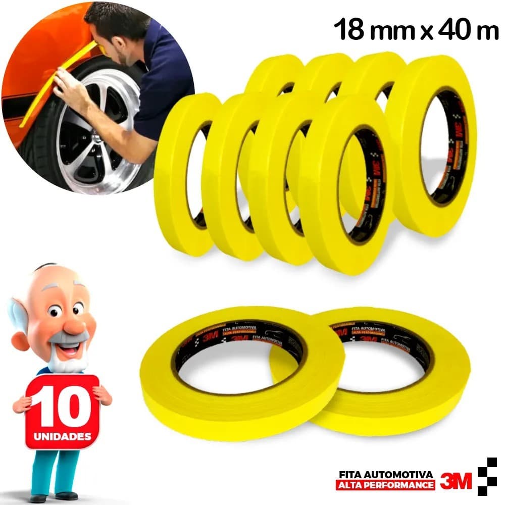Fita Crepe Automotiva 3M Alta Performance Fina 18mm x 40m Amarela - Pacote com 10 rolos