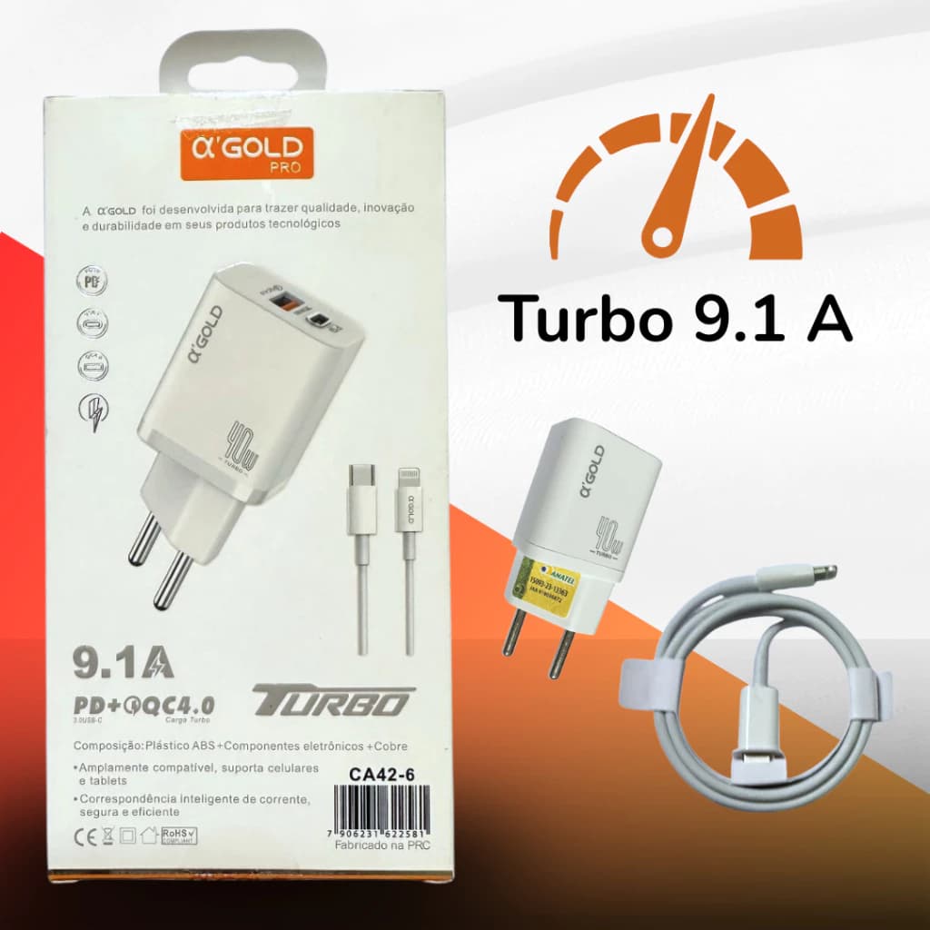 Carregador 40W 9.1 Super Turbo Cabo Lightning Iphone A'GOLD PRO USB-C + PD Original CA42-6/C-iOS