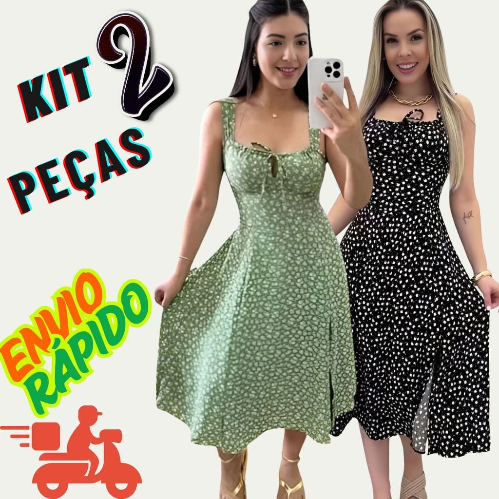 KIT 2 Vestido Midi Floral Feminino Romântico Alça Grosa com Bojo e Fenda Lateral Verão 2025
