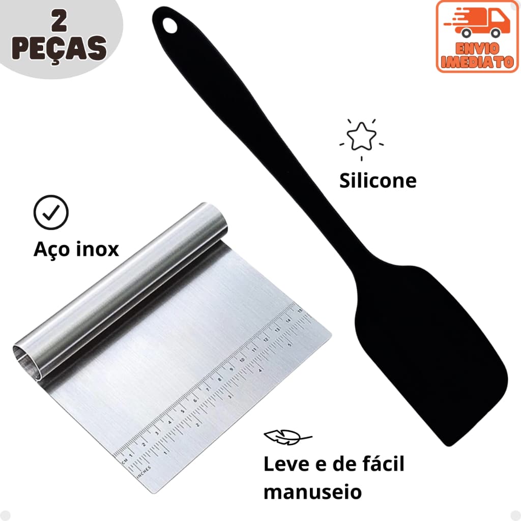 Kit Espátula Raspador Cabo Tubular Inox e Espátula Silicone Pão Duro Utensílios Cozinha Confeitaria