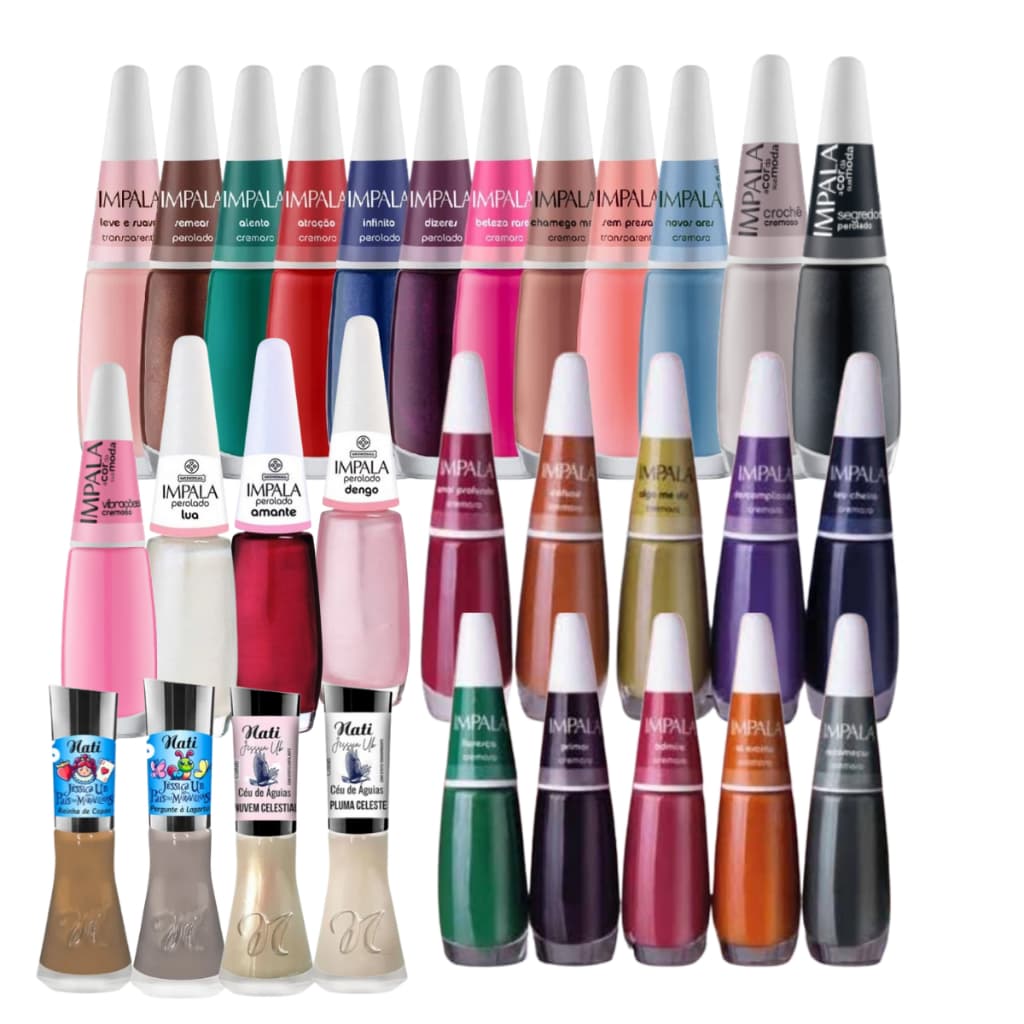 Kit Esmaltes Impala e Nati 30 Cores Sortidas Manicure Atacado Unhas Longa Duração