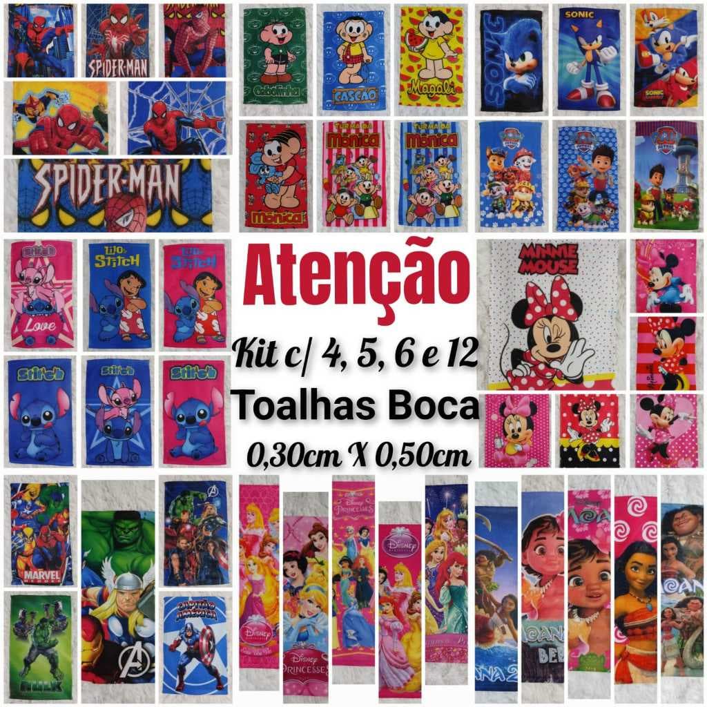 Kit com 4, 5, 6, 7 e 12 Toalhinhas de Mão e Rosto para Lancheira Escolar Infantil Menino e Menina Estampas Personagem