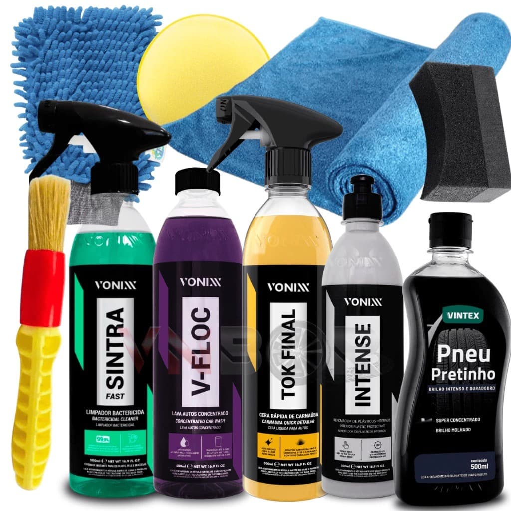 Kit Shampoo VFloc Cera Tok Final Sintra Fast Intense Vonixx Pneu Pretinho Aplicador Toalha Microfibra Kit Lavagem Comple
