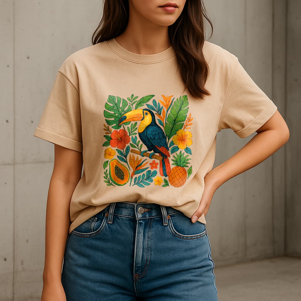 Camiseta Feminina T-Shirt Básica Tucano Tropical 100% Algodão Caimento Largo e Comprido