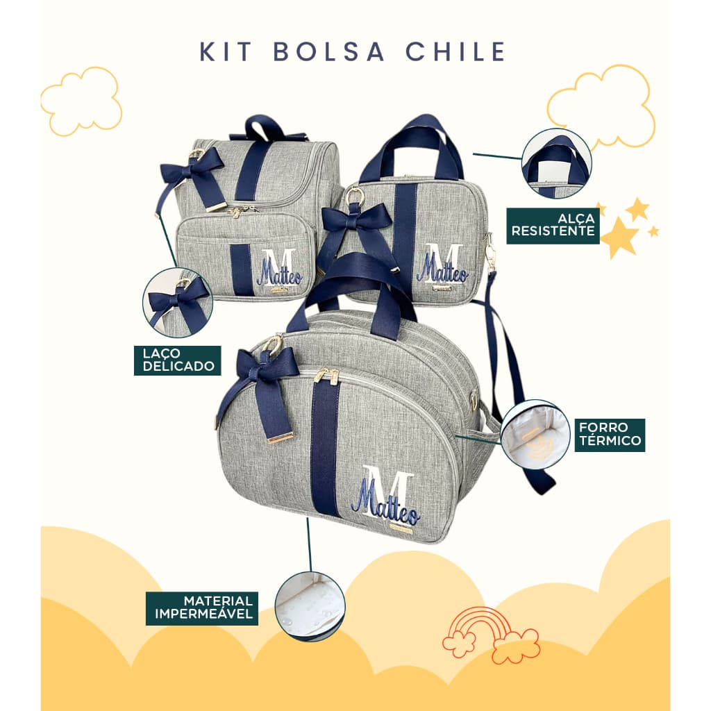 Kit Maternidade 3 Peças Bolsa, Mochila e Bolsa Média Personalizado Térmica Impermeável,Coleção Chile