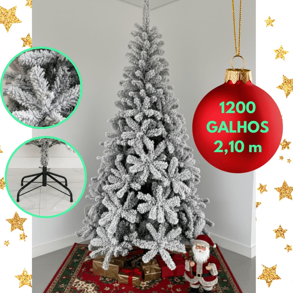 Árvore De Natal Nevada 2,10m 1200 Galhos Cheios Decoração Natalina Premium + 10 PINHAS GRÁTIS