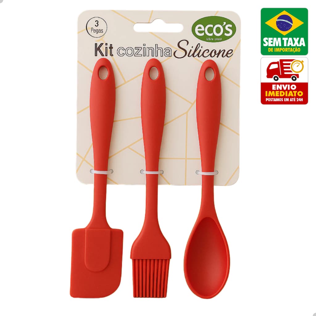 Kit Cozinha 3 Peças Silicone Espátula Pincel Culinário Colher Antiadherente 27cm