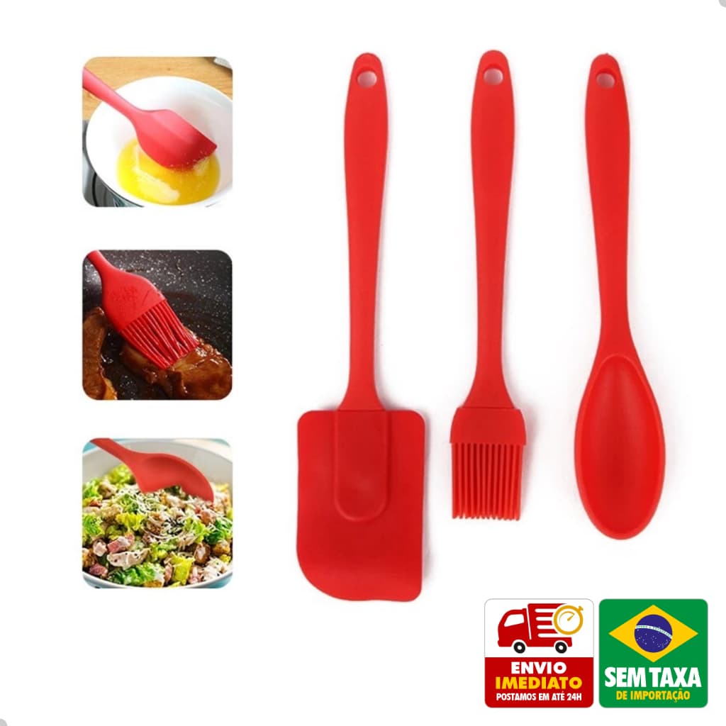 Utensílios de Cozinha em Silicone 3 Peças Colher Espátula Pincel Cabo Plástico
