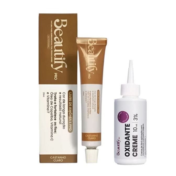 Kit Tinta Sobrancelha Barba Fios 20 ml + Oxidante Creme 50 ml  Beautify Pro -  Cor Castanho Claro