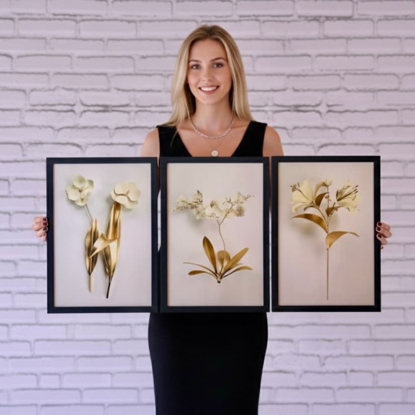 Kit 3 Quadros 90x50 Flores Douradas com Borda Preta Decoração Luxo Quarto