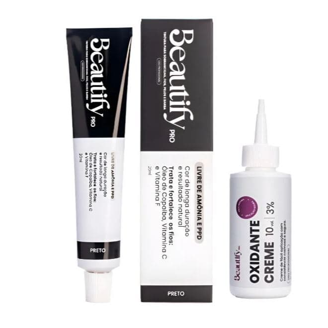 Kit Tinta Sobrancelha Barba Fio 20 ml + Oxidante Creme 50 ml Beautfy Pro - Cor Preto