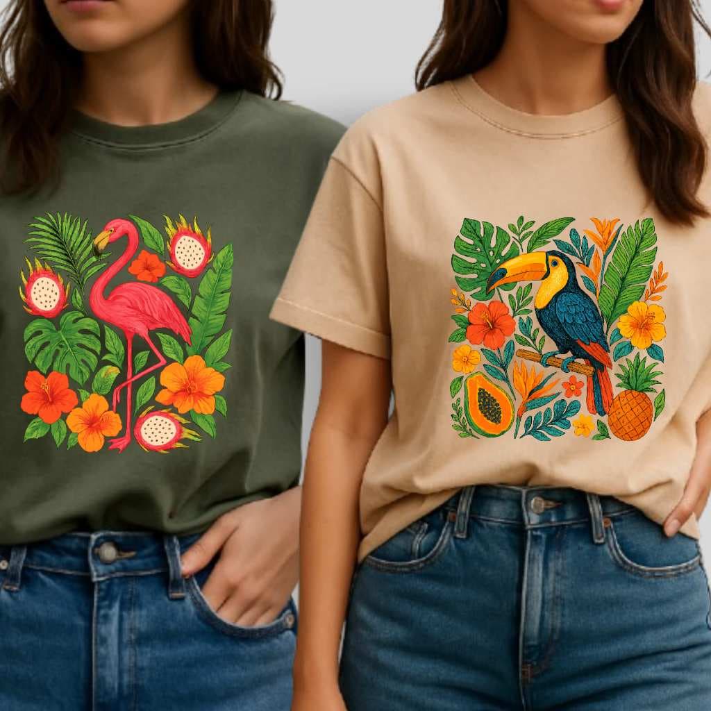 Kit 2 Camisetas T-shirt Feminina Casual Básica Flamingo e Tucano Tropical 100% Algodão