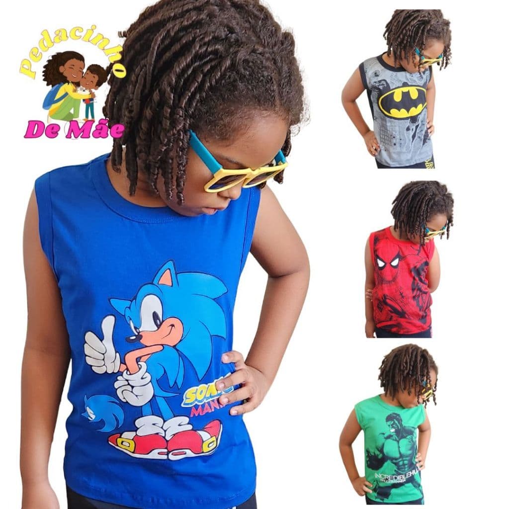 Camisa Sem Manga infantil Masculino 100% algodão Personagem Menino