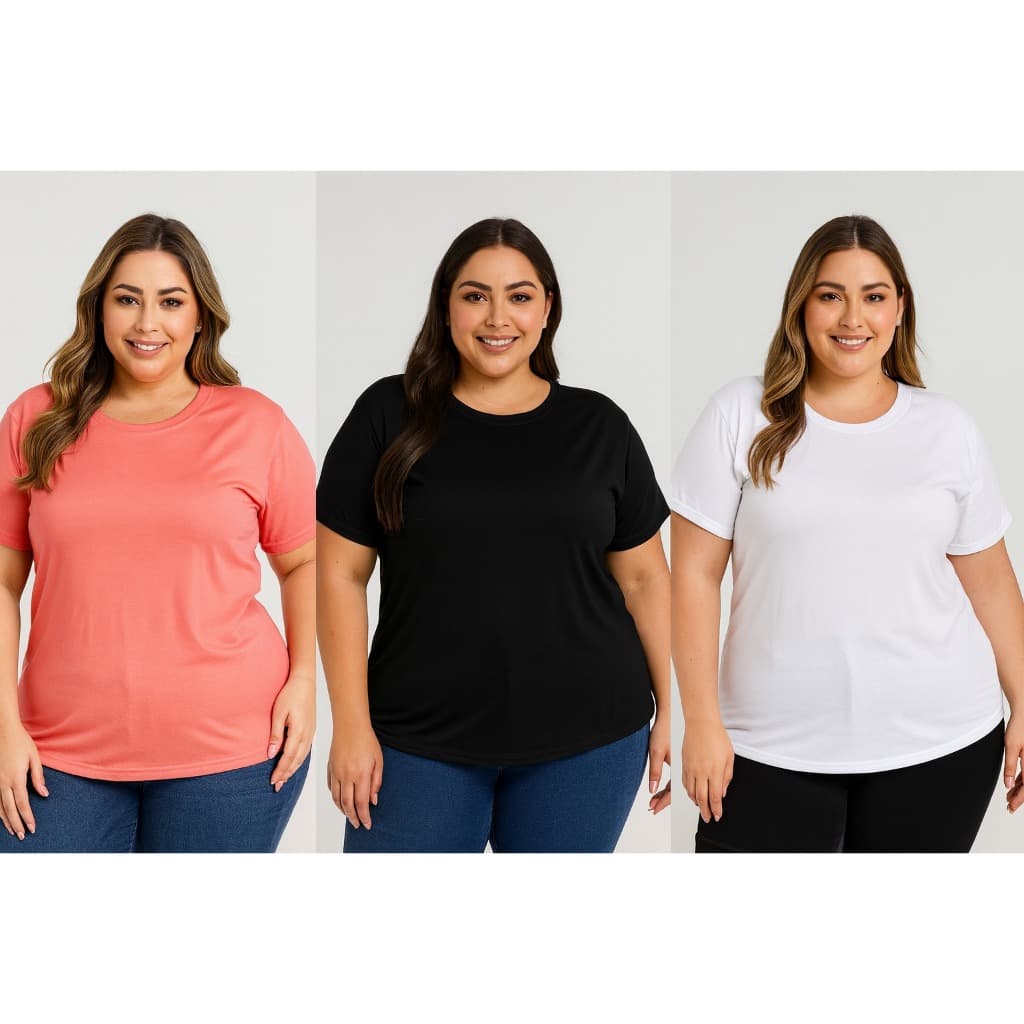 Kit 3 Blusas Plus Size Feminina Tshirts Básicas Soltinhas Malha Suede