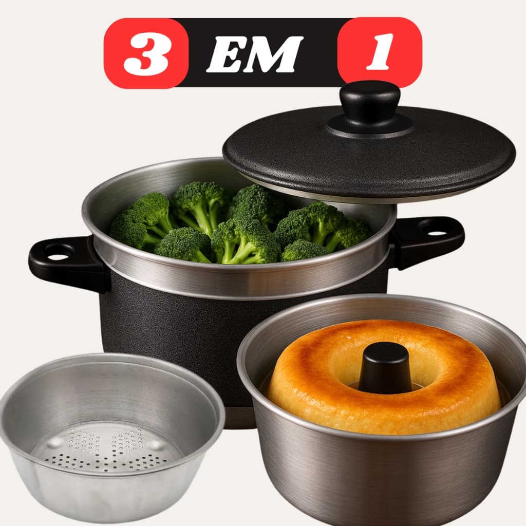 Panela Multi Uso 3x1 Forma De Pudim Banho Maria Cozimento Vapor Legumes Cuscuzeira