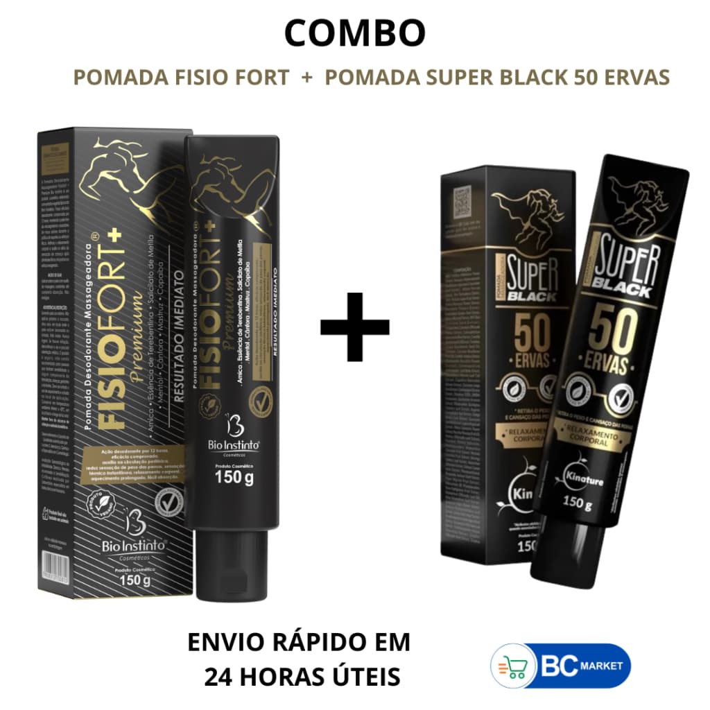 Pomada Fisiofort Preta Premium 150g + Pomada Massageadora SUPER BLACK 50 Ervas 150G Original