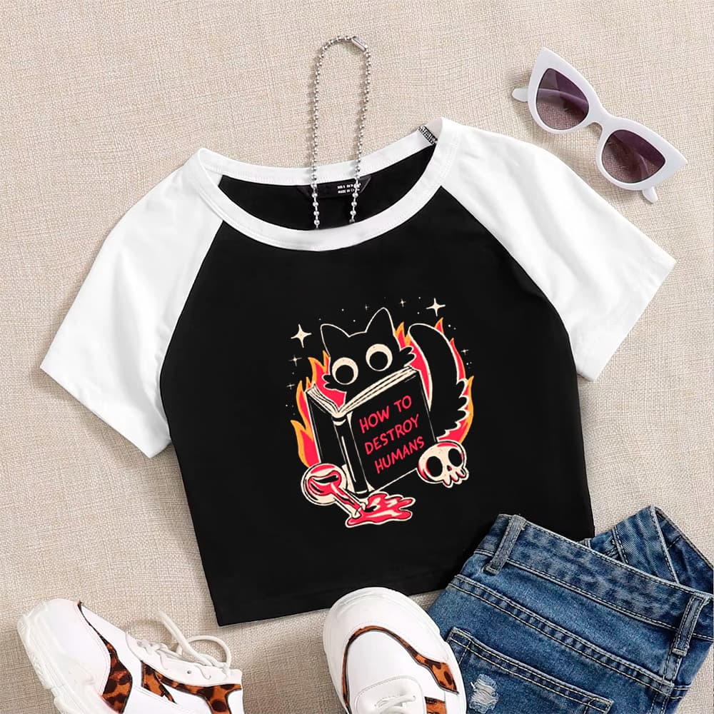 Cropped RAGLAN, Modelo GATO DESTROY HUMANS HALLOWEEN 2025 - Moda Alternativa Y2K Blogueira Grunge Punk Streetwear Goth