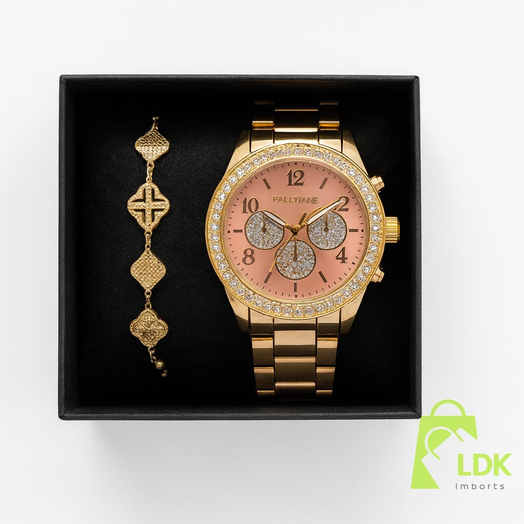 Kit Relógio A Prova D'Água Feminino com Pulseira de Aço Inoxidável