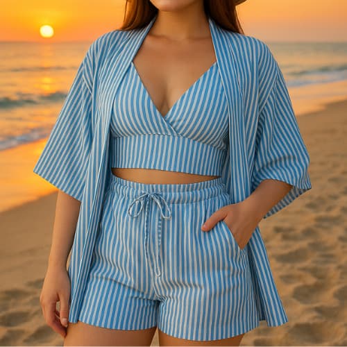 Conjunto Feminino 3 Peças Listrado – Estilo Praia e Conforto