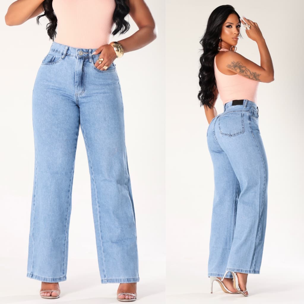 CALÇA FEMININA WIDELEG AZUL CLARO CINTURA ALTA  PANTALONA 100% ALGODÃO JEANS PREMIUM