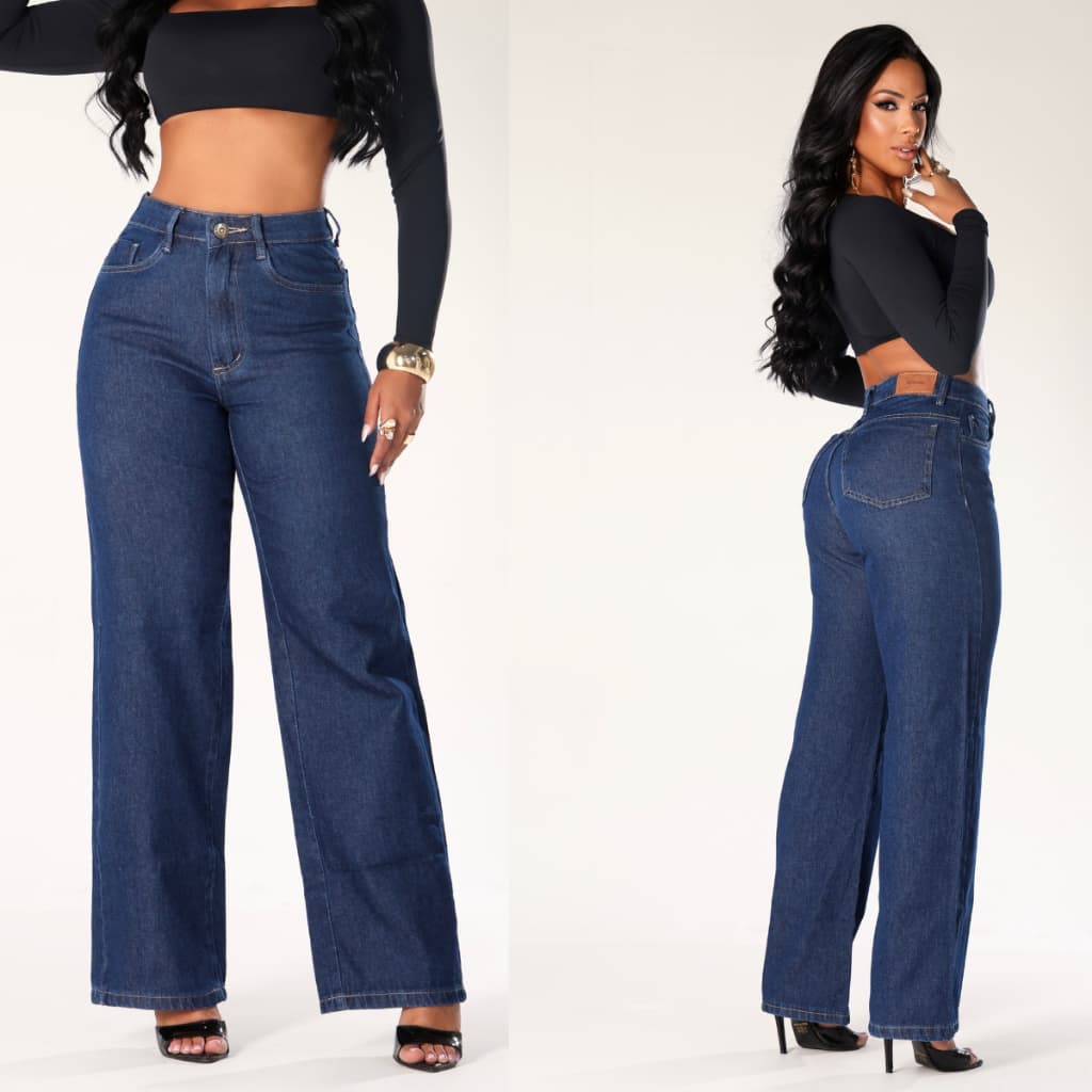 CALÇA WIDE LEG PANTALONA AZUL ESCURO 100% ALGODÃO CINTURA ALTA JEANS PREMIUM