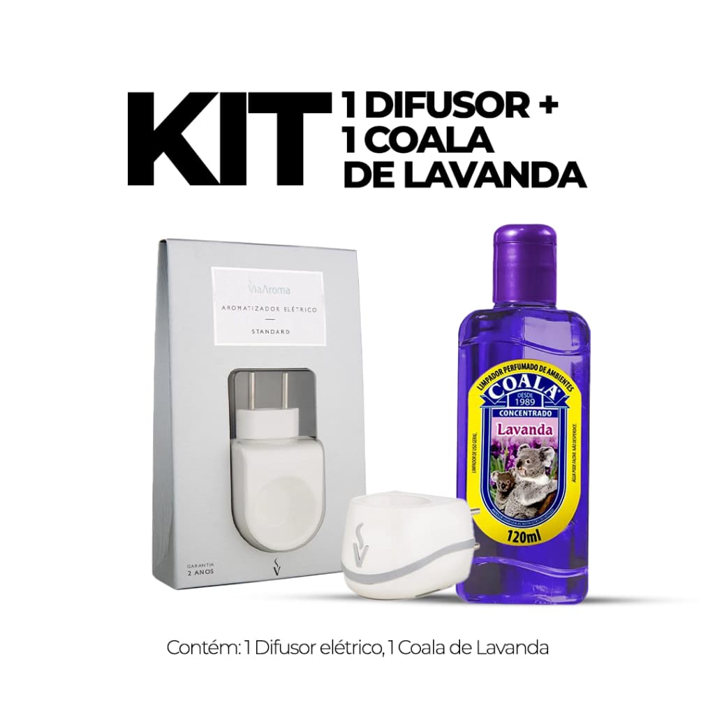 Difusor Aromatizador Elétrico Standard Bivolt Via Aroma + Limpador Coala Concentrado Lavanda 120 ml
